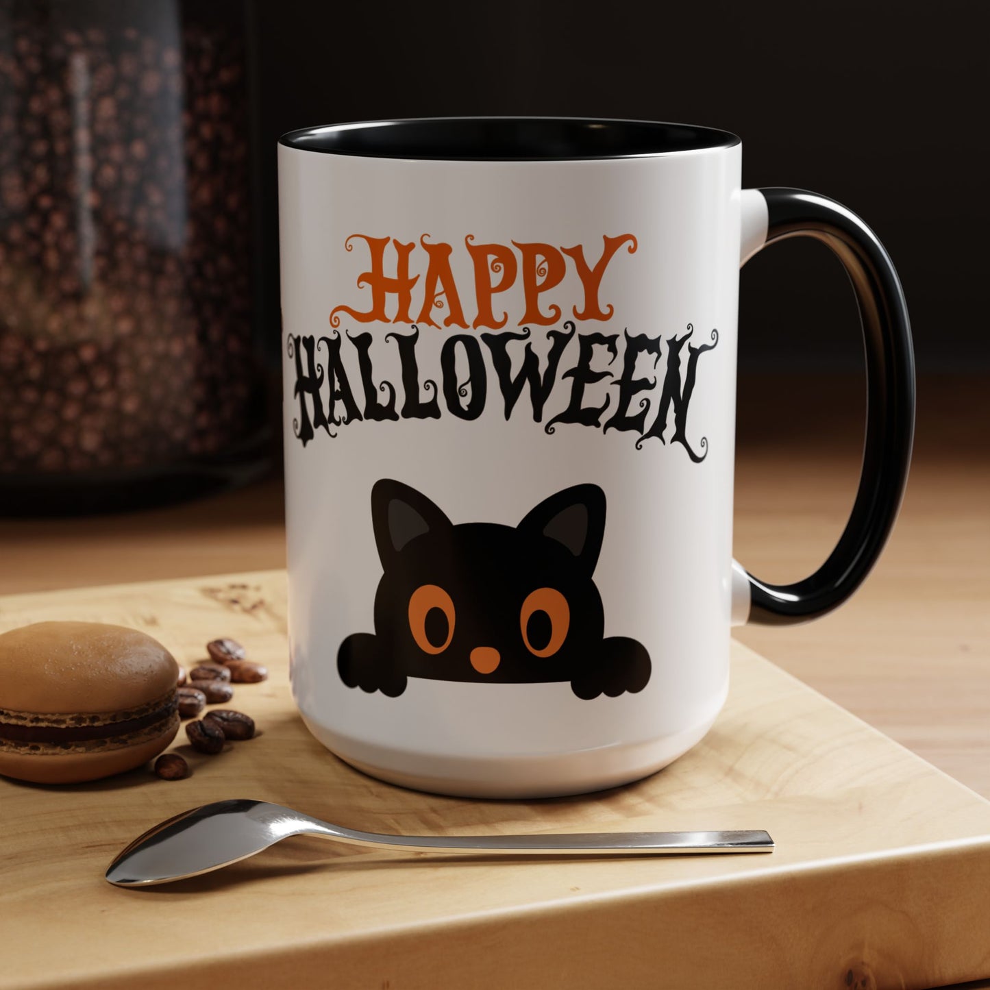 "Happy Halloween" Black Cat Mug (Black)
