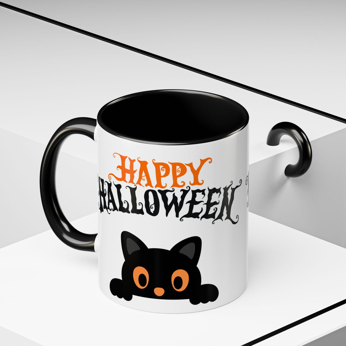 "Happy Halloween" Black Cat Mug (Black)