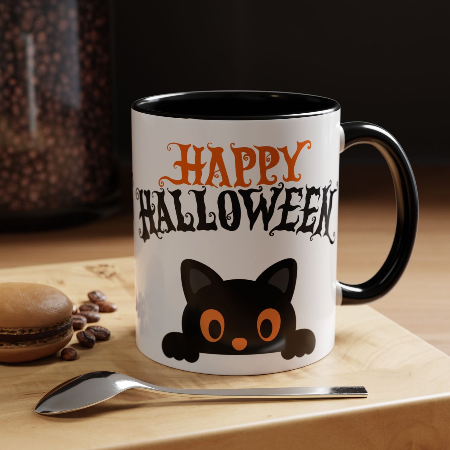 "Happy Halloween" Black Cat Mug (Black)