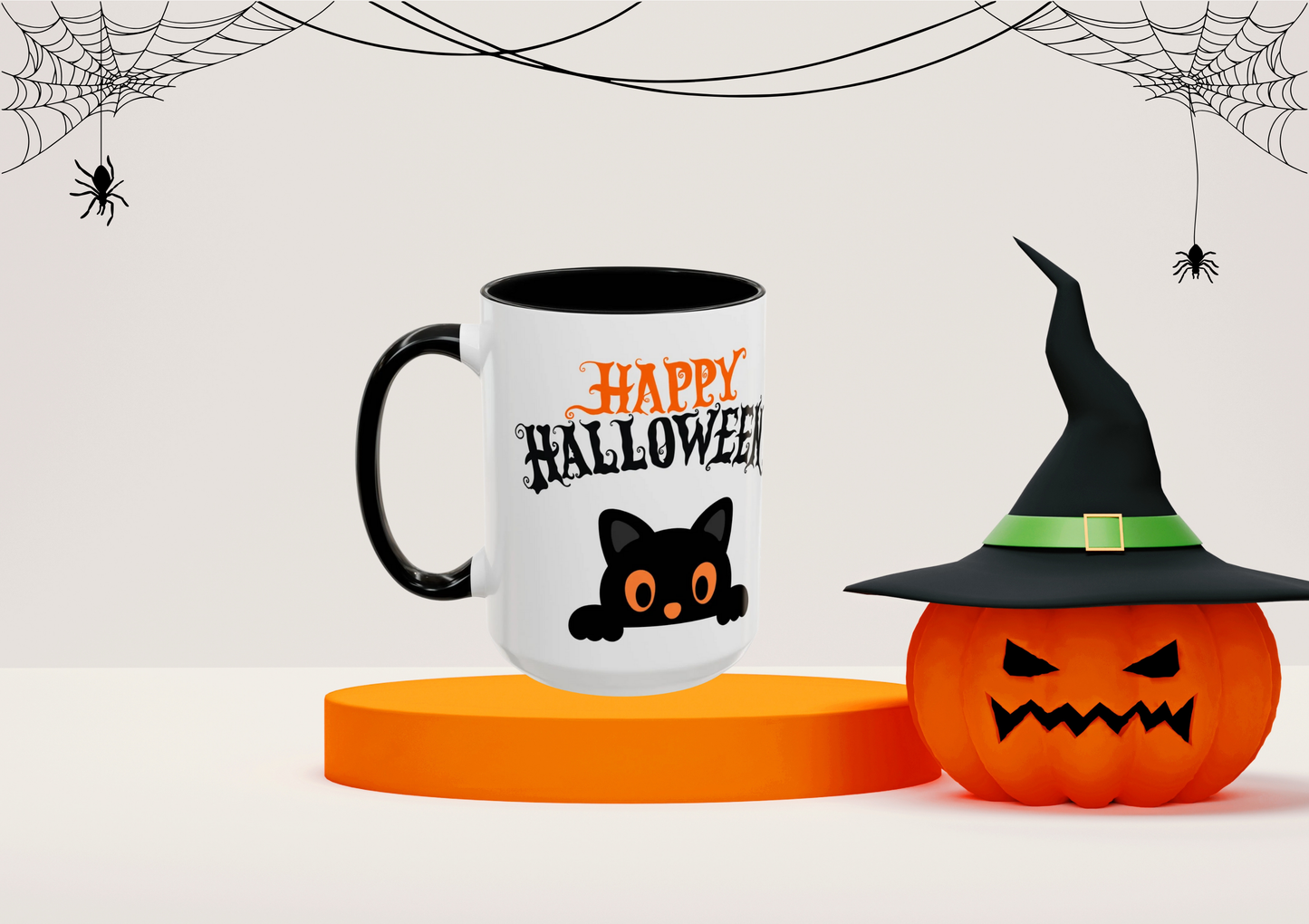 "Happy Halloween" Black Cat Mug (Black)