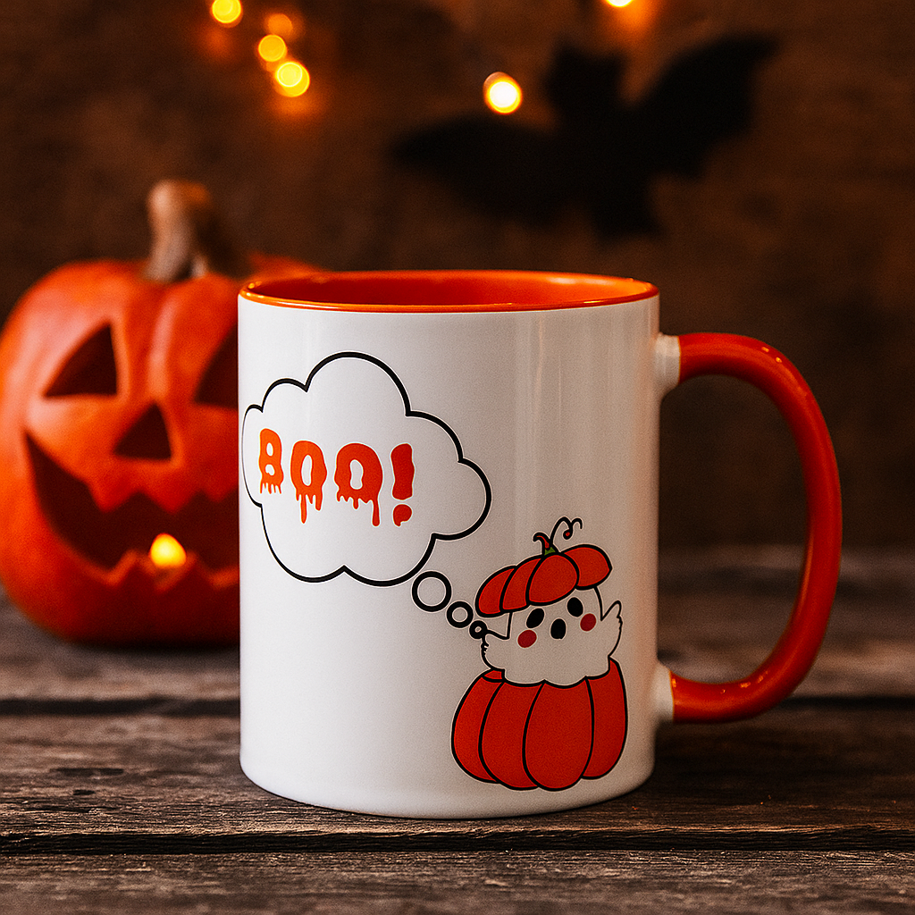 "Boo" Ghost in Pumpkin Mug (Orange)