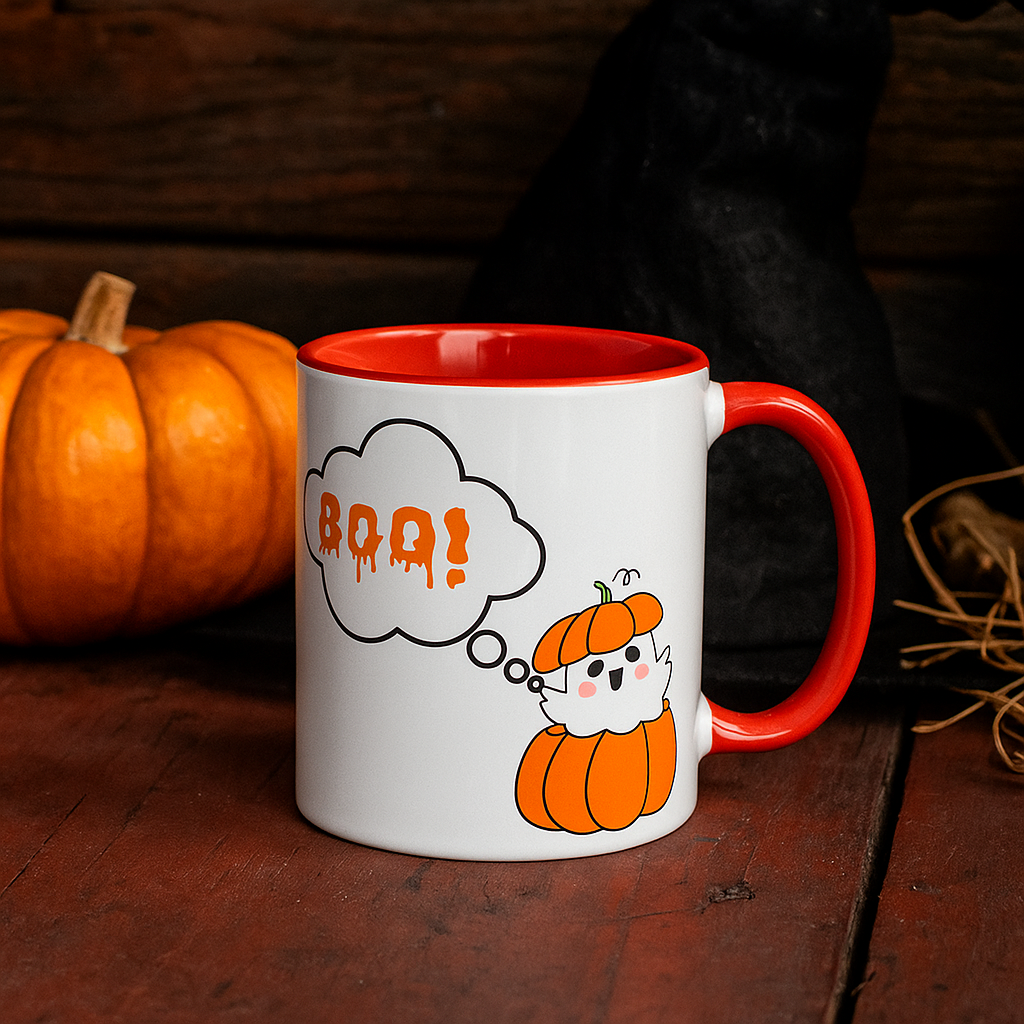 "Boo" Ghost in Pumpkin Mug (Orange)