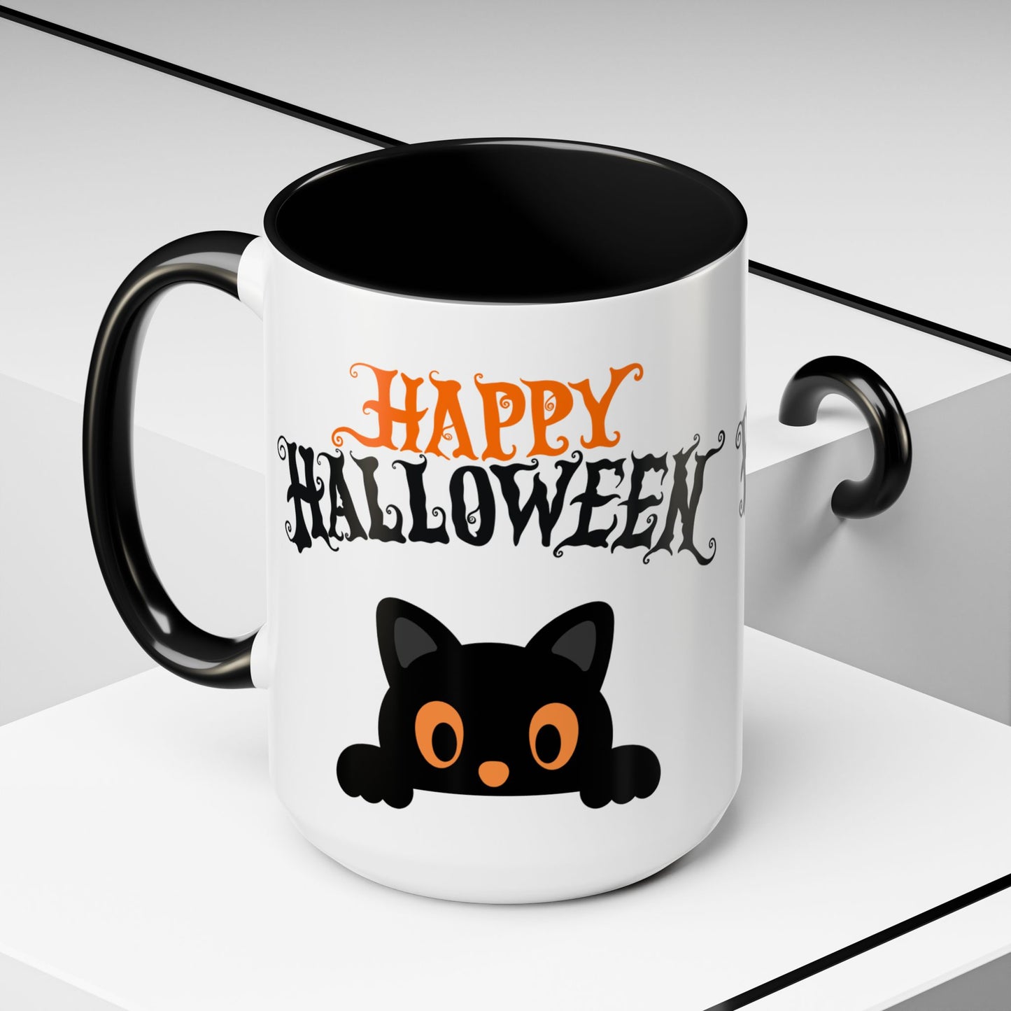 "Happy Halloween" Black Cat Mug (Black)