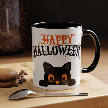 "Happy Halloween" Black Cat Mug (Black)